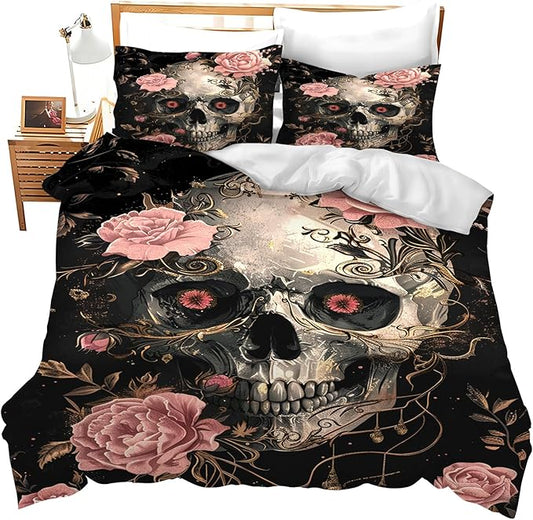 jerkboo Skull Roses Bedding Set Skull Duvet Cover Twin Full Queen King Size Comforter Cover for Kids Adults Men Women Skeleton Theme Quilt Cover Decorative Soft Bedding Set with 2 Pillowcases