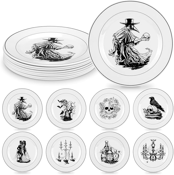 8 Pcs Vintage Halloween Dinnerware Set Halloween Plates Serving Dishes 8 Inch Reusable Gothic Dinnerware Set Salad Dessert Plates for Indoor and Outdoor Use Kitchenware Gift(Classic,8 Inch)