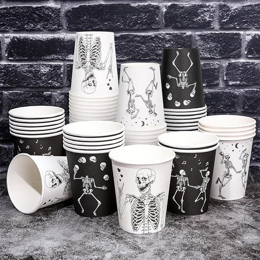 Whaline 100 Pcs Halloween Skeleton Paper Cups Black White Dancing Skeleton Disposable Cups for Hot Cold Drinks Birthday Holiday Trick or Treat Party Table Supplies, 9oz