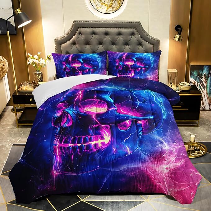 QOOMO 3Pcs Gothic Skull Comforter Set Full,Skeleton Bedding Set for Teens Boys Girls,Purple Galaxy Printed Comforter with 2 Pillowcases,Down Alternative,Soft and Lightweight