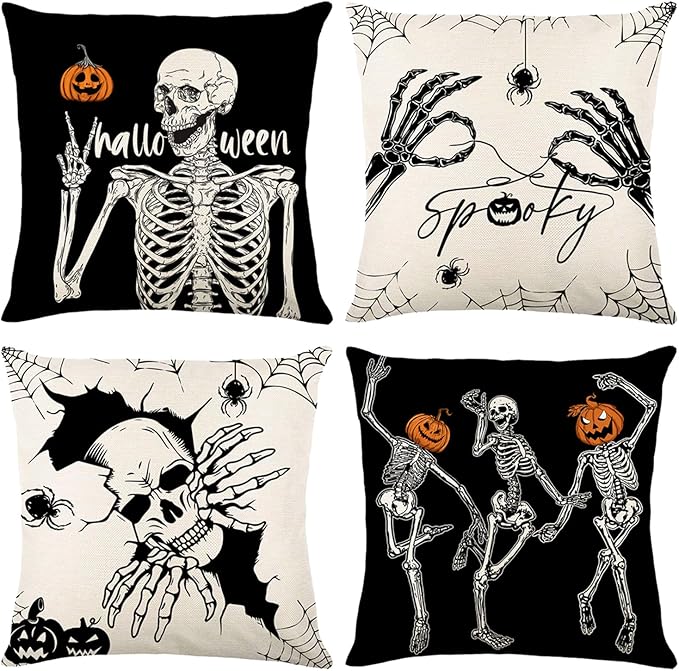 Halloween Pillow Covers 18x18 inch Set of 4 Halloween Throw Pillows Covers Dancing Skeleton and Skull Hands Pillow Case for Home Sofa Bed Cushion Cover Decors