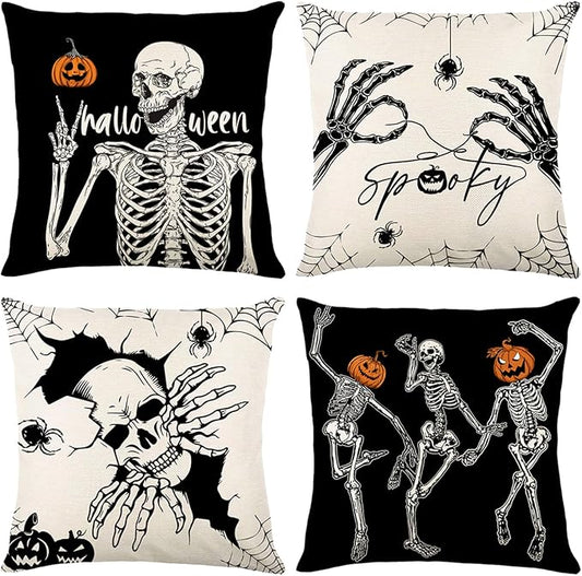 Halloween Pillow Covers 18x18 inch Set of 4 Halloween Throw Pillows Covers Dancing Skeleton and Skull Hands Pillow Case for Home Sofa Bed Cushion Cover Decors