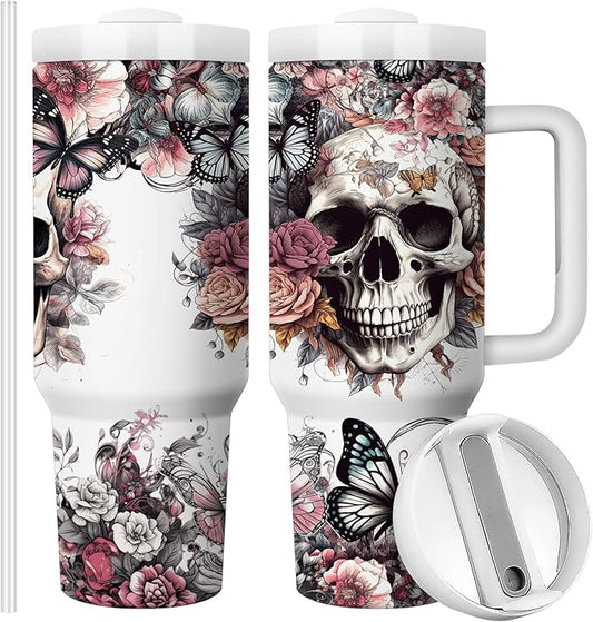 Horror Gifts Idea for Men 40oz Gothic Skulls Stainless Steel Travel Mug Tumbler with Handle, Double Wall Vacuum Insulated Cup with Lid and Straw (Pack of 1)