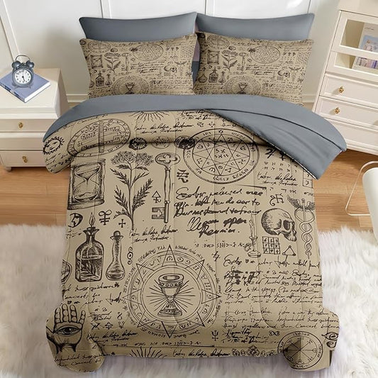 Nesker 7 Pcs Comforter Set Full Size, Medieval Retro Vintage Bedding Set for Kids and Adults, Science Sun Skull Bed Sheet Sets with Fitted Sheet 2 Pillowcases & 2 Shams
