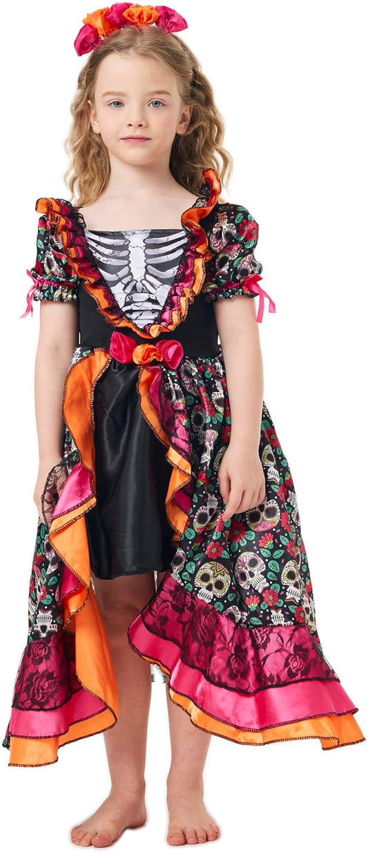 Day Of The Dead Costume Kids Girls, Day Of The Dead Dress with Flower Headpiece Halloween Skull Outfit