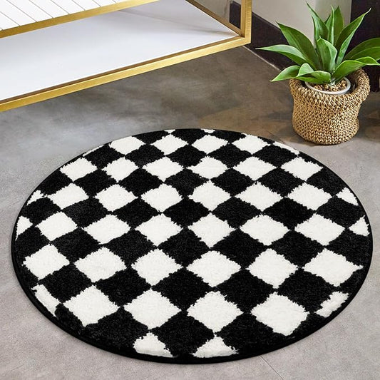 Checkered Round Bath Rugs, Machine Washable Black and White 2ft Bath Rug for Non Slip Water Absorbent Bath Mat, Soft Plush Retro Circle Mat for Tub Shower Entryway