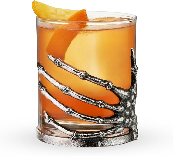 Twine Skeleton Hand Cocktail Tumbler, Gothic Whiskey Glass with Metal Skeleton Wrap, Spooky Halloween Barware for Bourbon, Cocktails & More, 10 oz., Set of 1