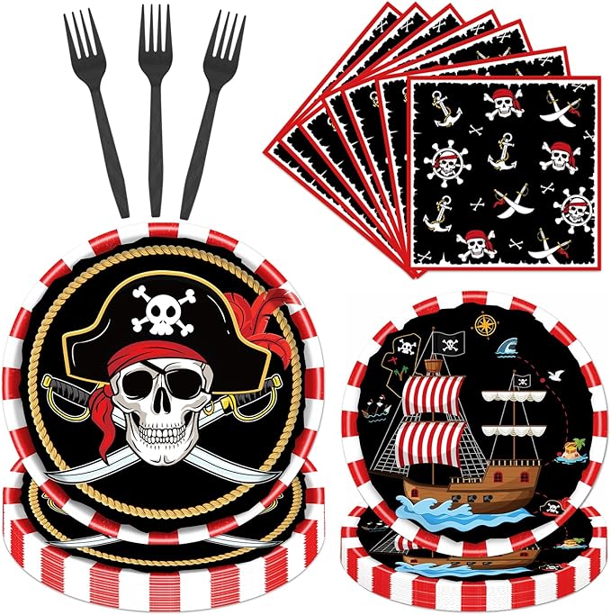 Gameza Pirate Party Tableware Decorations, 96PCS Disposable Plates and Napkins Set Supplies for Boys Girls, Pirate Theme Birthday Baby Shower Supplies Serve 24