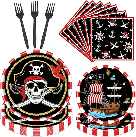 Gameza Pirate Party Tableware Decorations, 96PCS Disposable Plates and Napkins Set Supplies for Boys Girls, Pirate Theme Birthday Baby Shower Supplies Serve 24