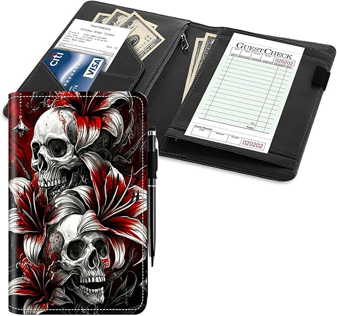 Server Books for Waitress 8" x 5", PU Leather Server Booklet with Zipper Pocket Waiters Accessories, Wallet Waitstaff Organizer with Money Pocket Fit Server Apron Note Pads, Saffron Skull