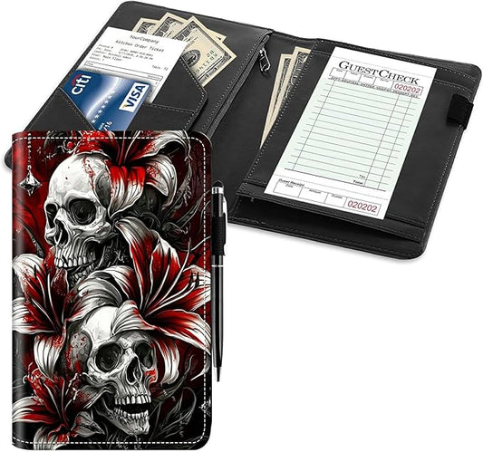 Server Books for Waitress 8" x 5", PU Leather Server Booklet with Zipper Pocket Waiters Accessories, Wallet Waitstaff Organizer with Money Pocket Fit Server Apron Note Pads, Saffron Skull