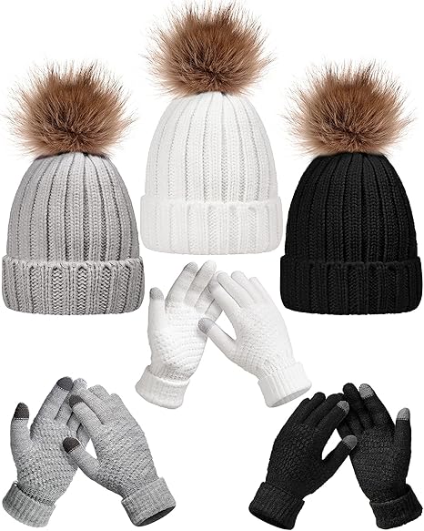 6 Pieces Women Winter Warm Knitted Hat Gloves Set Skull Cap Beanie Touchscreen Hats and Gloves for Women