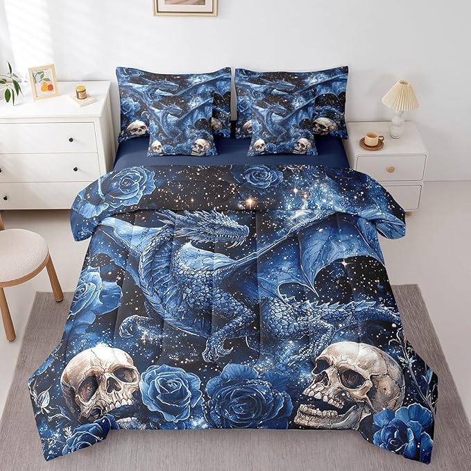 Erosebridal Mysterious Dragon 7 Piece Comforter Queen Size for Kids Boys Girls Black Starry Sky Outer Space Sheet Set Bed in A Bag Goth Skull Bed Set Blue Romantic Floral Wildlife Animals