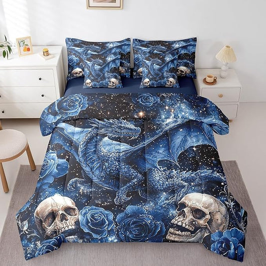 Erosebridal Mysterious Dragon 7 Piece Comforter Queen Size for Kids Boys Girls Black Starry Sky Outer Space Sheet Set Bed in A Bag Goth Skull Bed Set Blue Romantic Floral Wildlife Animals