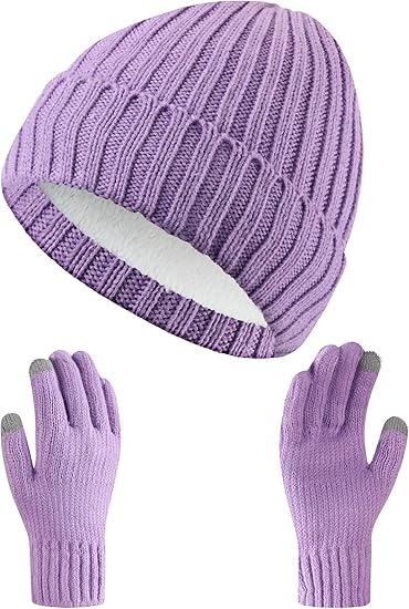 Winter Hats and Gloves Set Knit Beanie Hat with Fleece Lining Touchscreen Gloves Warm Skull Cap for Women Men