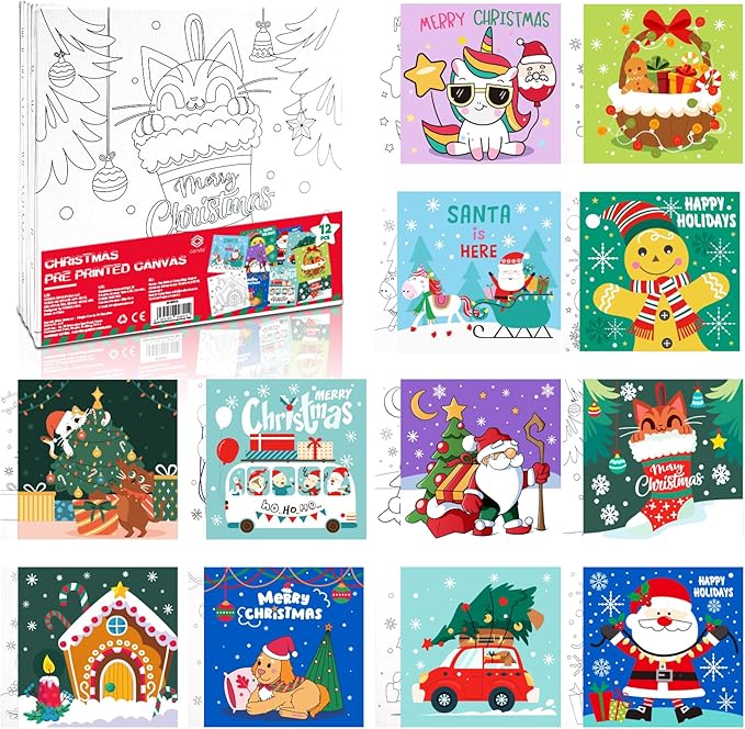 conda Pre Printed Canvas for Painting 12 Pcs 6 x 6 Inch, Pre Drawn Canvas Boards with Christmas Pictures to Paint, Theme Canvas Panels Set for Beginners Students, DIY Paint Art Supplies