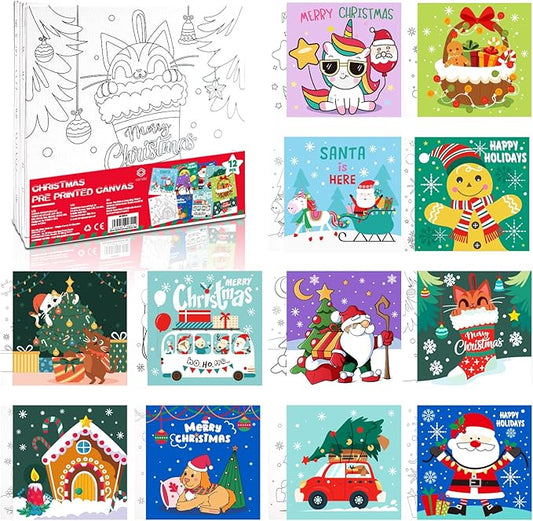 conda Pre Printed Canvas for Painting 12 Pcs 6 x 6 Inch, Pre Drawn Canvas Boards with Christmas Pictures to Paint, Theme Canvas Panels Set for Beginners Students, DIY Paint Art Supplies