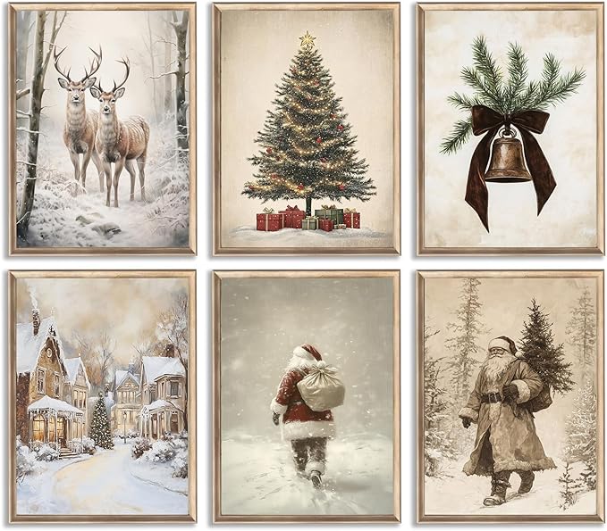 Aroutde 6Pcs Christmas Canvas Wall Art, Vintage Winter Christmas Decor Prints Santa Claus Xmas Tree Reindeer Posters Snow Scene Holiday Decoration for Living Room Bedroom (8x10In, Unframed)
