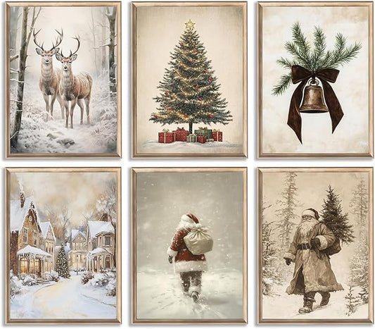 Aroutde 6Pcs Christmas Canvas Wall Art, Vintage Winter Christmas Decor Prints Santa Claus Xmas Tree Reindeer Posters Snow Scene Holiday Decoration for Living Room Bedroom (8x10In, Unframed)
