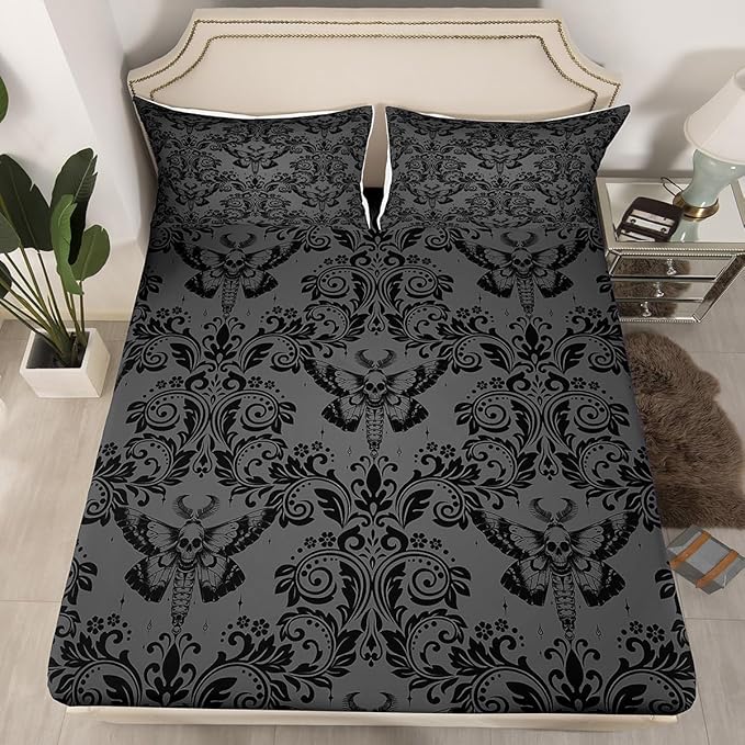Feelyou Adults Dark Olive Green Vintage Damask Floral Sheet Set Oriental Antique Sheets with Deep Pocket Fitted Sheet Full Size Gothic Bohemia Boho Flower Bed Sheets Set Gothic Skull Bed Set 4Pcs