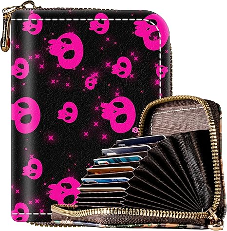 METALPHA Credit Card Holder for Women, Halloween Skull RFID Credit Card Wallet with Zipper, Cute Mini Leather ID Card Holders Small Skulls Wallets