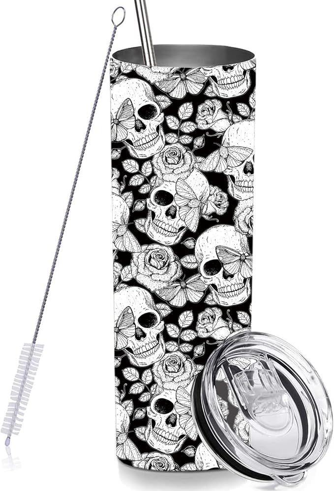 Black Skull Skinny Tumbler Cup with Straw Lid, 20 OZ Floral Calavera Insulated Vacuum Halloween Slim Travel Coffee Mug for Skull Lover