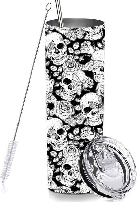 Black Skull Skinny Tumbler Cup with Straw Lid, 20 OZ Floral Calavera Insulated Vacuum Halloween Slim Travel Coffee Mug for Skull Lover