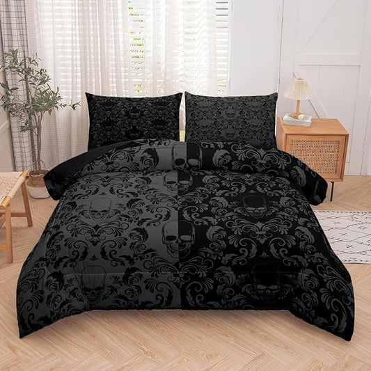 Gothic Bedding Set for Adults,Queen Size Skull Comforter Sets for Boys,Skull Printed Bedding Set with Quilt and Pillowcase(Skulls Queen)