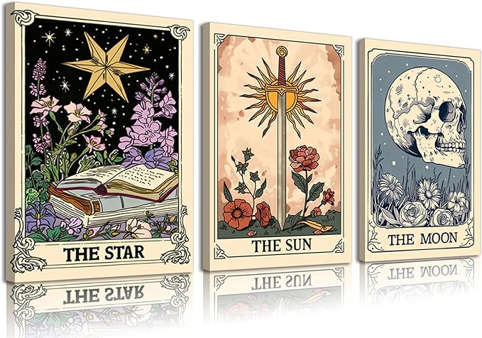 3Pcs Tarot Card Canvas Wall Art Sun Moon Star Picture Vintage Boho Celestial Posters Print Skull Book Floral Mystical Astrology Artwork Wall Decor for Living Room Bedroom 16x24in Framed