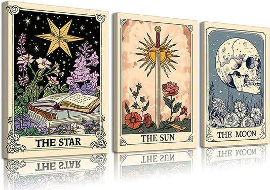 3Pcs Tarot Card Canvas Wall Art Sun Moon Star Picture Vintage Boho Celestial Posters Print Skull Book Floral Mystical Astrology Artwork Wall Decor for Living Room Bedroom 16x24in Framed