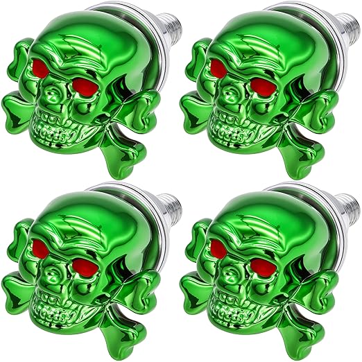 Skull License Plate Screws Kit (4 Pack) - Universal Fit for Cars, Trucks, Motorcycles - Stainless Steel Anti-Theft Bolts with Decorative Green Skull Caps