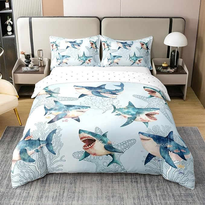 Erosebridal Cartoon Shark 100% Cotton Duvet Cover Queen Size, Kawaii Fishing Starfish Soft Kids Boys Girls Bedding Set, Marine Life Coral Comforter Cover for Bedroom, Animal Wild Theme Bedclothes