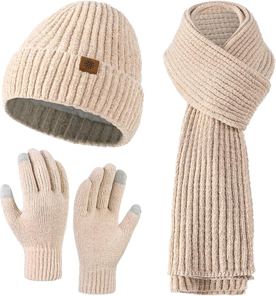Winter Beanie Hat Scarf Gloves Set for Women, Slouchy Womens Winter Hats Long Scarf Touchscreen Gloves 3 in 1 Set