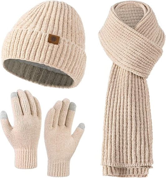 Winter Beanie Hat Scarf Gloves Set for Women, Slouchy Womens Winter Hats Long Scarf Touchscreen Gloves 3 in 1 Set