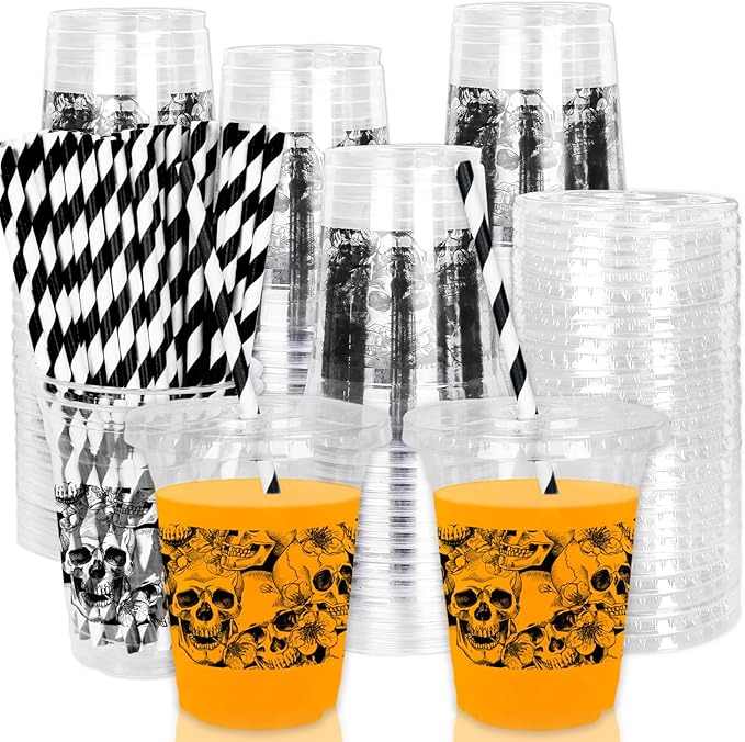 Whaline 50Pcs 12Oz Halloween Disposable Plastic Cups with Lids and Straws Black Gothic Sketch Skull Floral Cold Beverage Drinking Cups for Trick or Treat Party Supplies