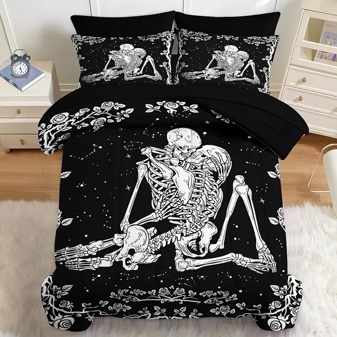 Nesker Comforter Set Queen Size, Gothic Kissing Skeleton Lover 7 Pcs Bedding for Kids and Adults, Rose Black Lovers Black Bed Sheet Sets with Fitted Sheet 2 Pillowcases & 2 Shams