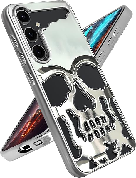 for Samsung Galaxy S24 Case - Skull Skeleton for Men Boys Women Grils Cool Pattern Funny Hollowed Plated Design Gothic Soft Cover for Galaxy S24 Case,Silver