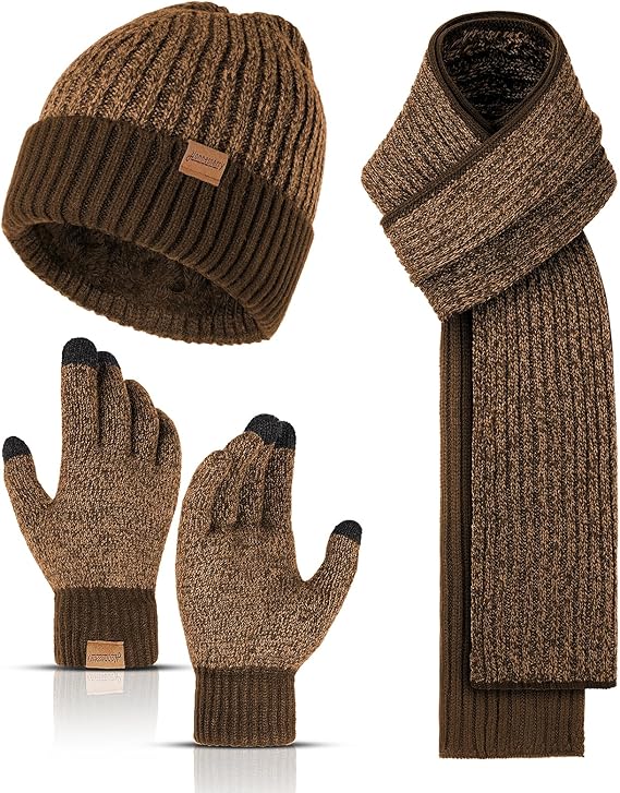 Winter Beanie Hats for Men Long Neck Scarf and Touchscreen Gloves Set with Fleece Lined Skull Caps Gifts for Men