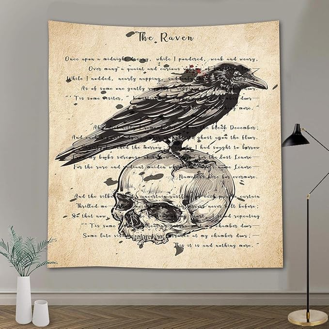 FEASRT Gothic Skull and Raven Dictionary Tapestry The Raven Wall Tapestry Edgar Allan Poe Rustic Home Room Mural Posters 51x60 Inches for Living Room Bedroom Home Dorm GTQQAY1543