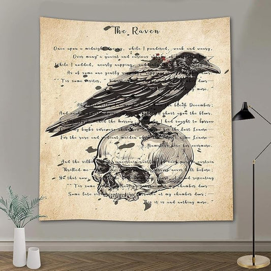 FEASRT Gothic Skull and Raven Dictionary Tapestry The Raven Wall Tapestry Edgar Allan Poe Rustic Home Room Mural Posters 51x60 Inches for Living Room Bedroom Home Dorm GTQQAY1543