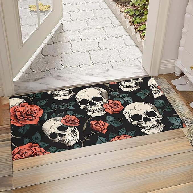 Skull Indoor Door Mat, Non-Woven Fabric Door Mat, Anti-Slip Backing Welcome Mat for Front Door, Indoor Entrance, Kitchen, Bedroom, Living Room - Durable Floor Mat for Home Decor & All Seasons