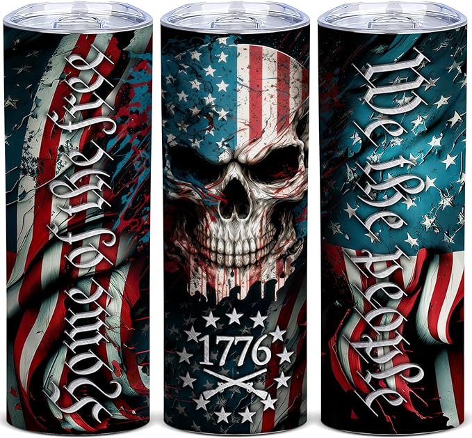 Patriotic Skull Tumbler,20oz Skinny American Flag Travel Mug with Leakproof Lid,Funny Stainless Steel Coffee Cup for Men