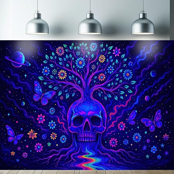 Starlit Patio Skull Tree Blacklight Tapestry UV Reactive Psychedelic Wall Hanging Butterflies Flowers Galaxy for Bedroom Dorm Living Room Spiritual Decor Fluorescent Trippy Poster 78 x 59 Inch