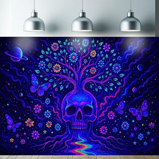 Starlit Patio Skull Tree Blacklight Tapestry UV Reactive Psychedelic Wall Hanging Butterflies Flowers Galaxy for Bedroom Dorm Living Room Spiritual Decor Fluorescent Trippy Poster 78 x 59 Inch