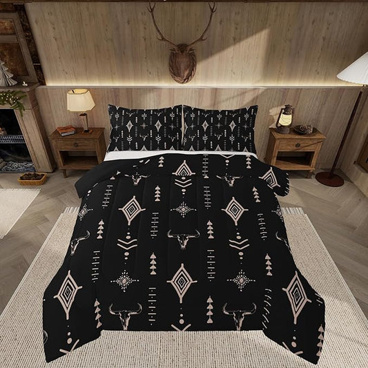 Feelyou Rustic Western Bedding Set Twin Size Kids Western Tribal Bull Skull Comforter Adult Black Brown Boho Ethnic Aztec Cow Pattern Comforter Set