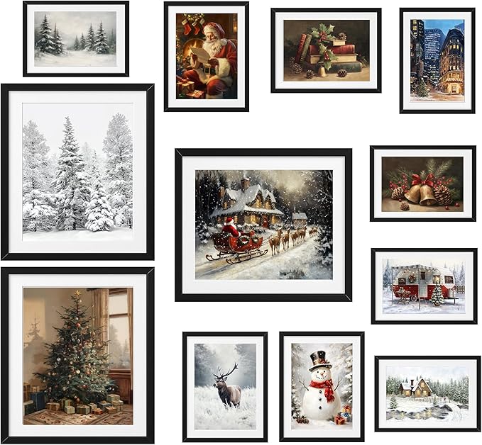 JJY Vintage Christmas Wall Art Prints Set of 12 -Winter Christmas Wall Art Posters Decor -Santa Xmas Tree Forest Snow Scene Street Christmas Aesthetic for Home Living Room Bedroom Decoration (Unframed)