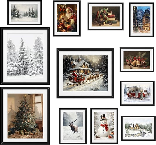 JJY Vintage Christmas Wall Art Prints Set of 12 -Winter Christmas Wall Art Posters Decor -Santa Xmas Tree Forest Snow Scene Street Christmas Aesthetic for Home Living Room Bedroom Decoration (Unframed)