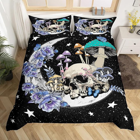 Star Moon Duvet Cover Twin Size Mushroom Sugar Skull Bedding Set 2pcs for Kids Girls Boys Youth Bedroom Decor Exotic Plants Comforter Cover Purple Flower Butterfly Quilt Cover,Black White