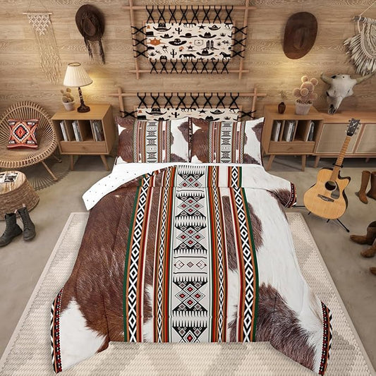 Erosebridal Western Aztec Comforter Set Full Size, Cowhide Cow Print Vintage Animal Retro Fur Soft Bedding Set for Teens Youth Adults, Exotic Geometric Down Comforter, Rustic Farmhouse Style Quilt
