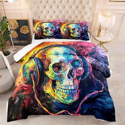 Skull Soft Comforter Set Queen Size All-Season Bedding Artistic Flame Quilts Lightweight Boys Teens Bedroom Set Halloween Gothic Skeleton Bedclothes in Rainbowcolors